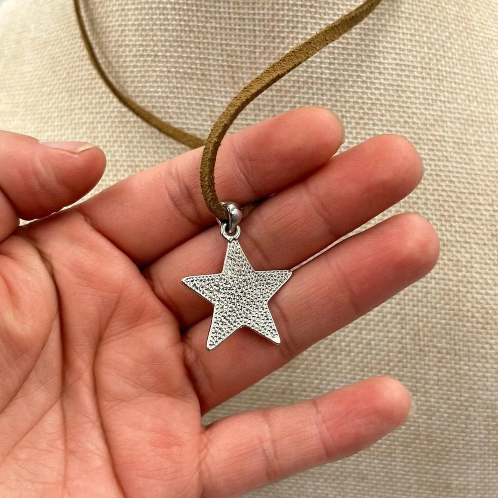 Vintage Boho Abalone Shell Star Pendant Necklace, Brown Suede‎ Cord, Silver Tone